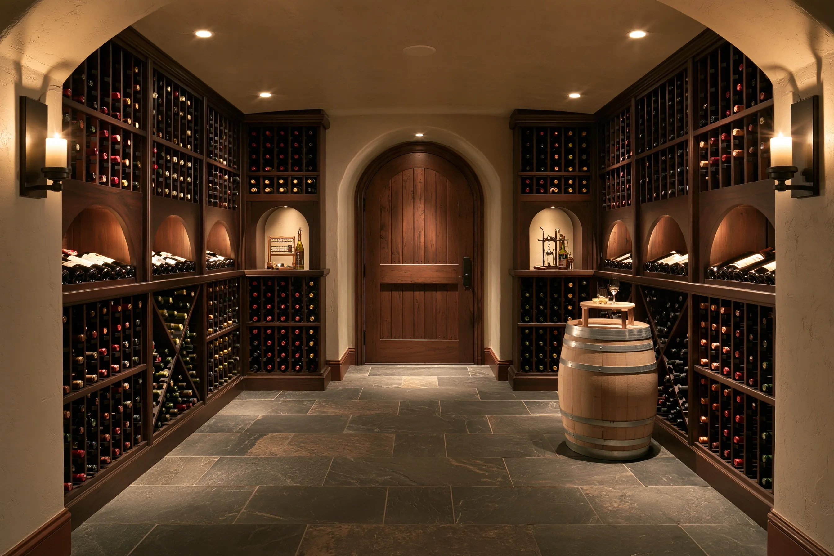 Basement wine cellar with dark-stained racking and arched display niches, a slate floor, an arched plank door and an oak barrel used as a table
