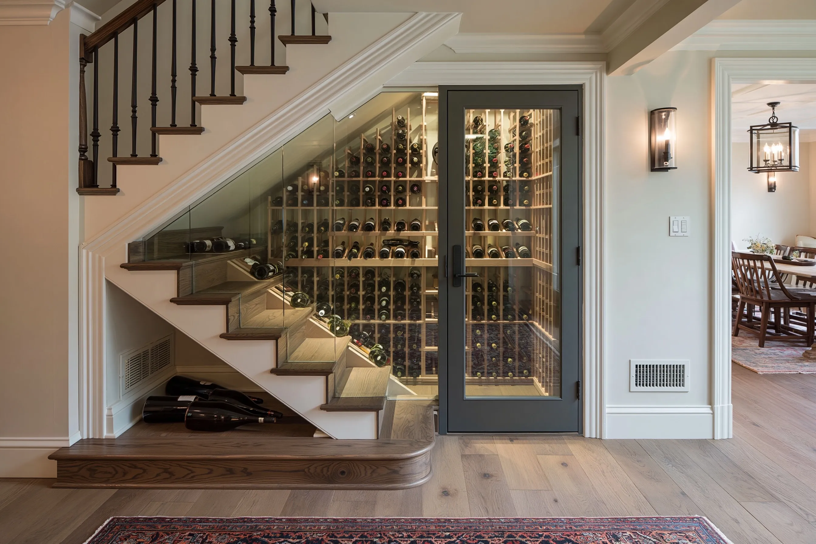 Glass panels following a painted stair with iron balusters, wood wine racks stepping up behind them and a dark-framed glass door at the tall end