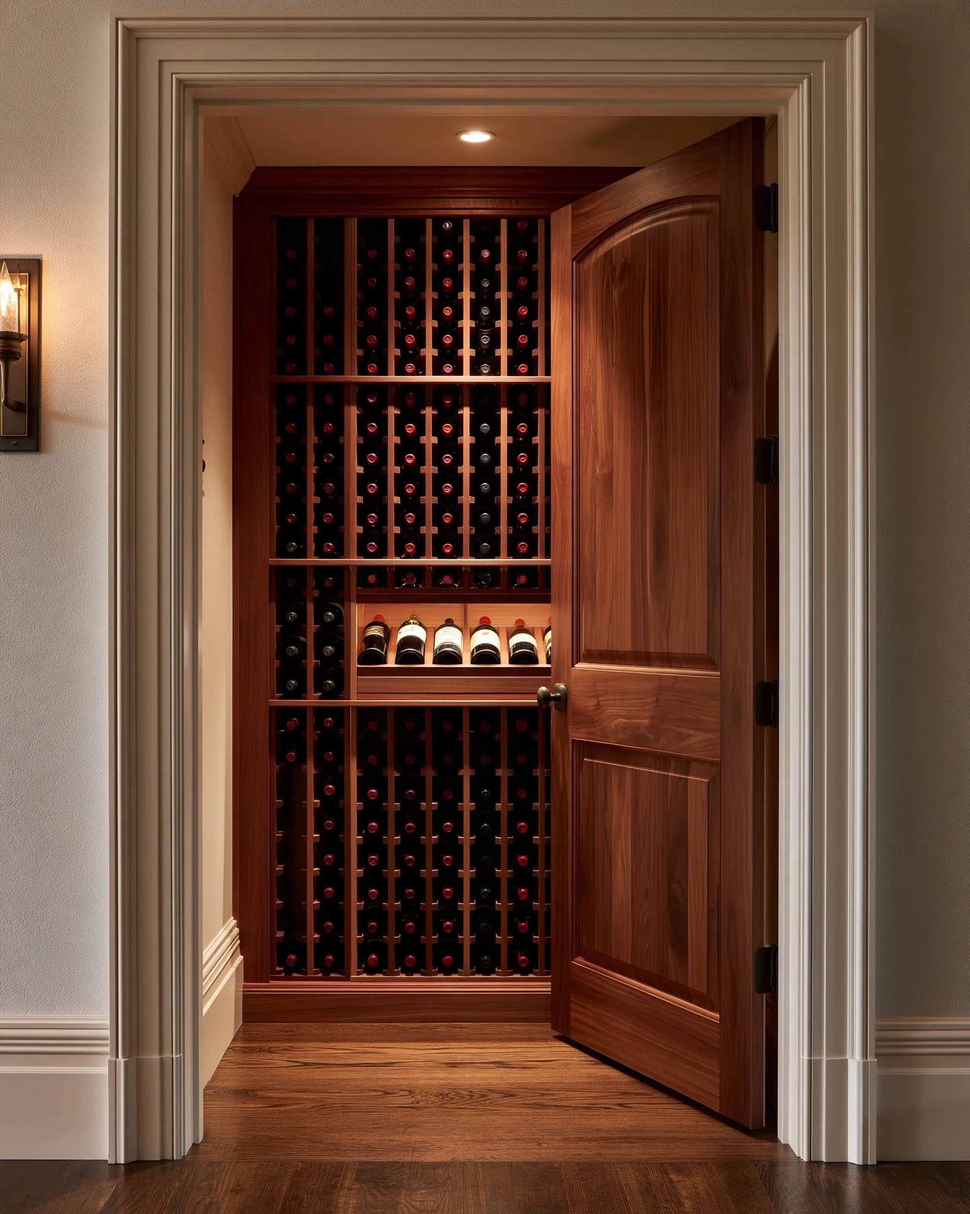 Hallway closet converted to a wine closet, with floor-to-ceiling bottle racking, a display shelf and a paneled wood door standing open