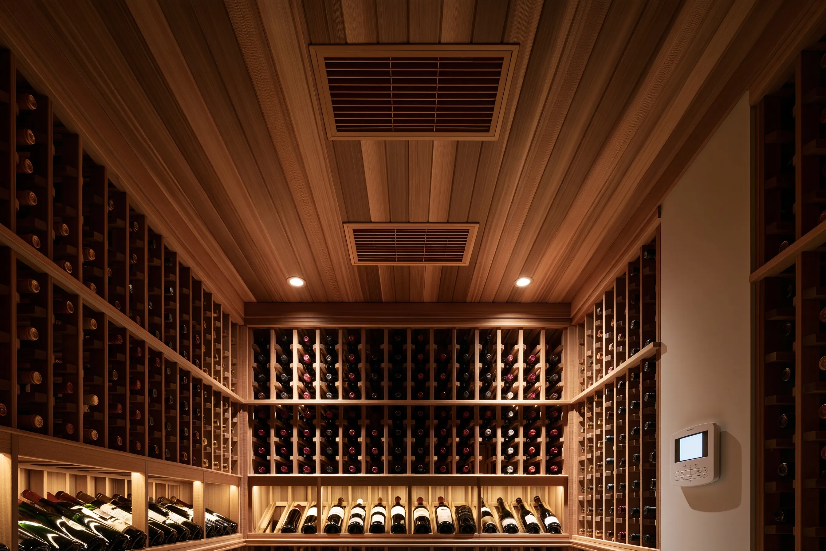 Cellar ceiling of wood boards with two rectangular cooling grilles above wood racking, and a wall-mounted controller with a blank screen
