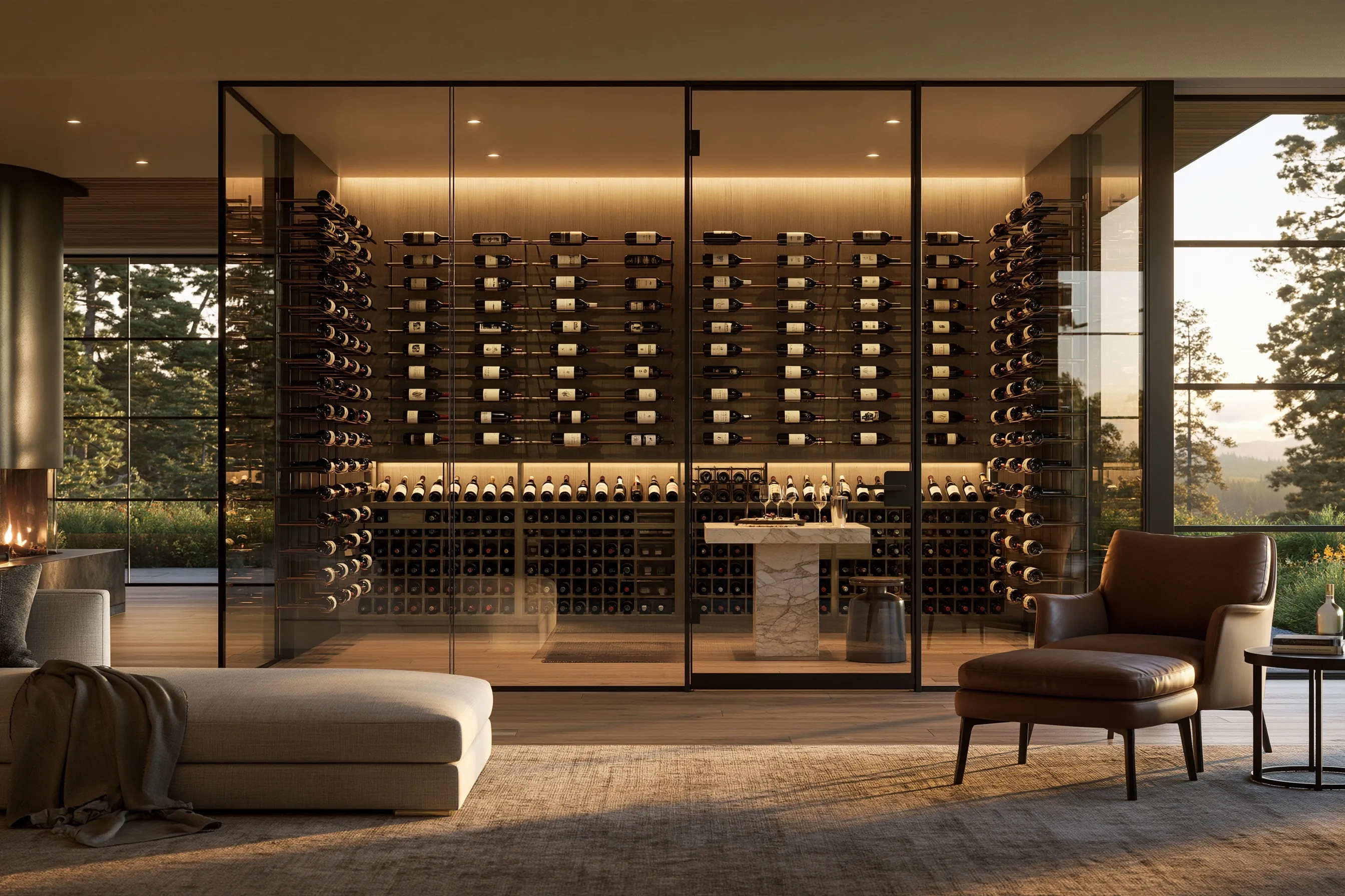Steel-framed glass wine room off a living room, with bottles on metal rods, a marble tasting table inside and a leather armchair in front