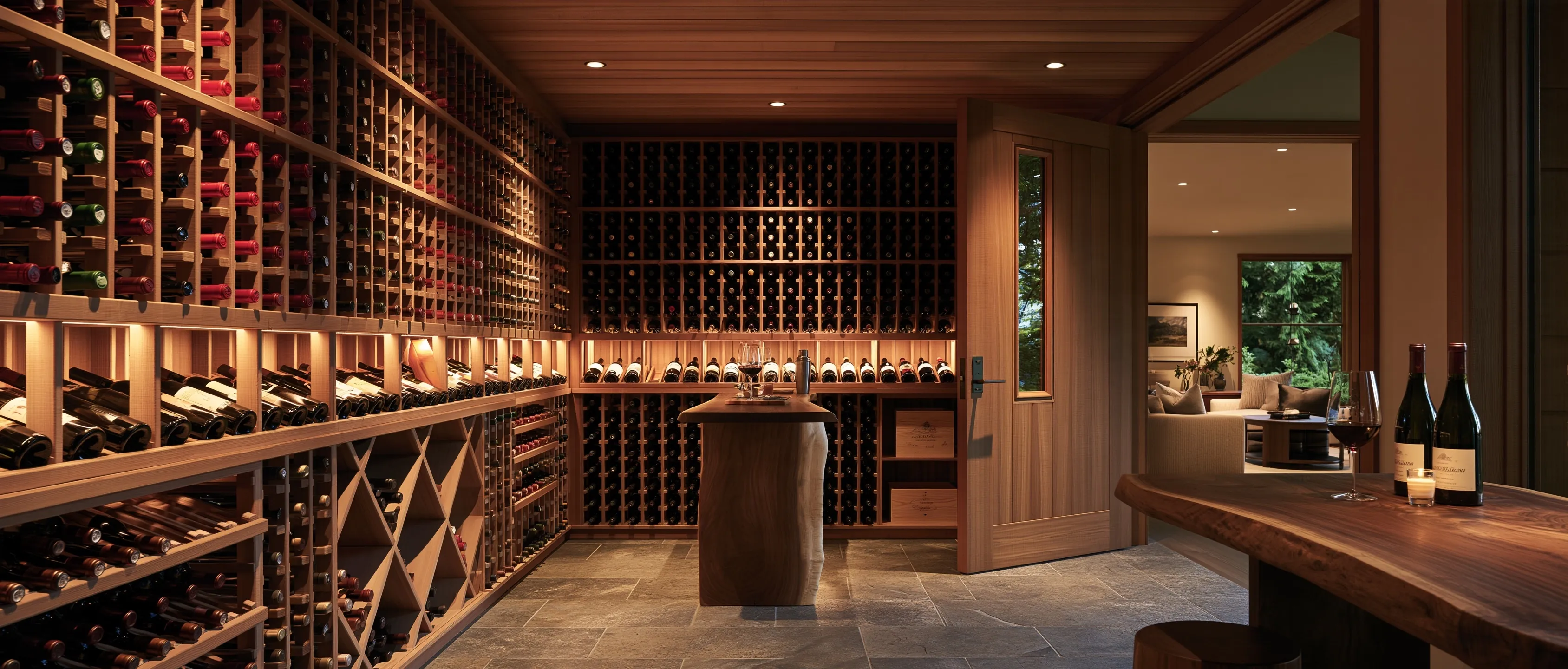 Walk-in wine cellar with light wood racking, diamond bins and a slate floor, a live-edge walnut counter in front and a wood door open to a family room