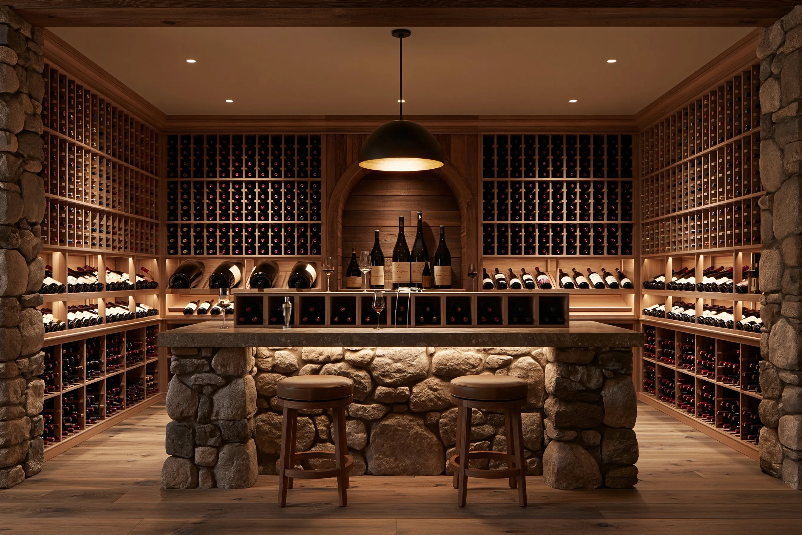 Walk-in wine cellar with a fieldstone tasting counter, two stools, wood racking on three walls and large bottles displayed in an arched niche