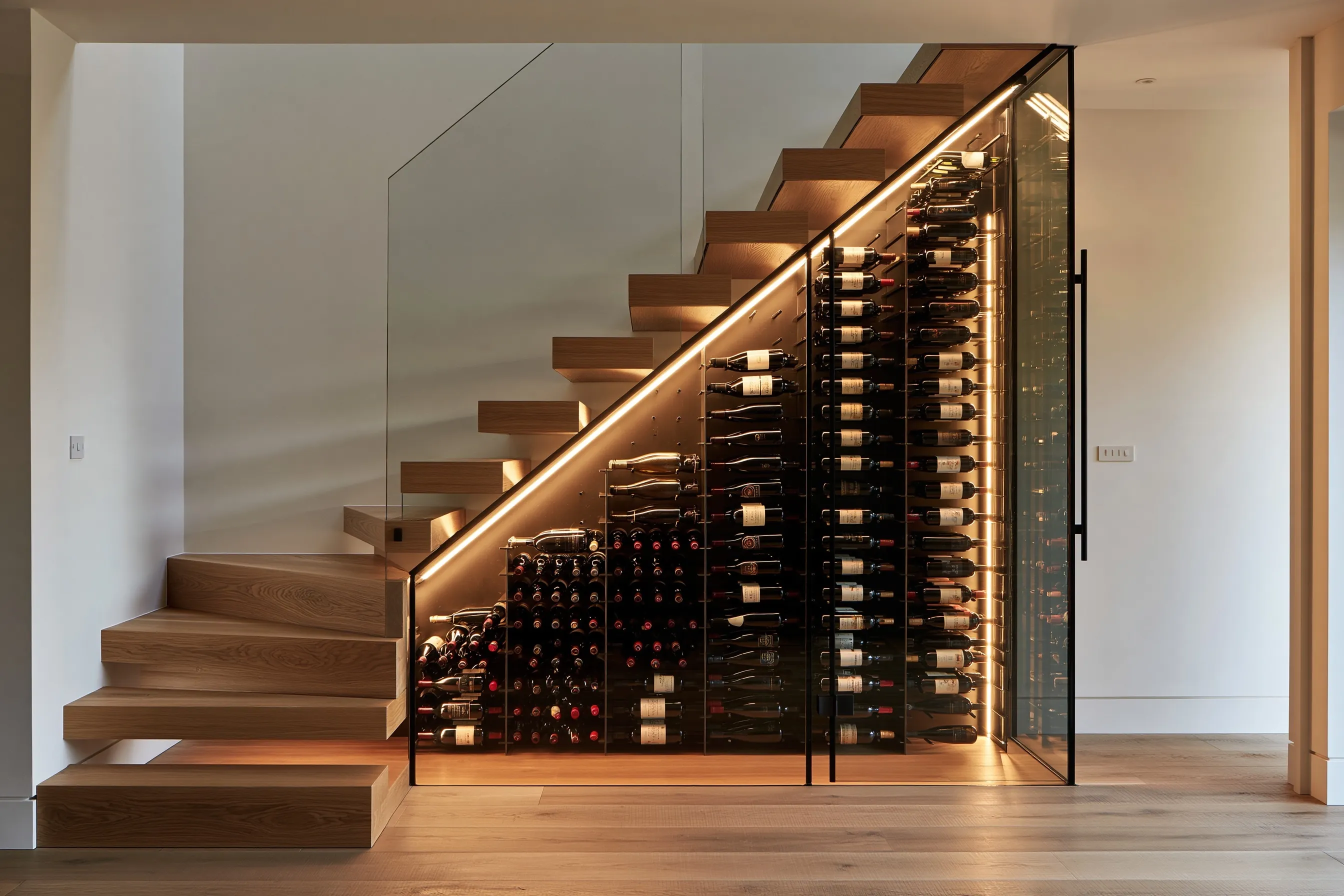 Glass-enclosed wine cellar beneath a floating oak staircase, with metal peg racking stepping down under the slope and LED strip lighting