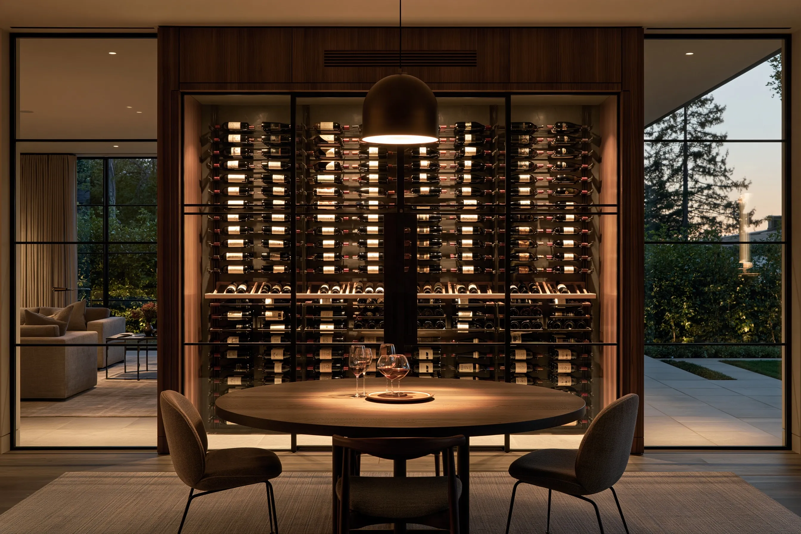 Floor-to-ceiling wine wall behind steel-framed glass in a dining room, with a walnut surround, a linear grille above and a round table in front